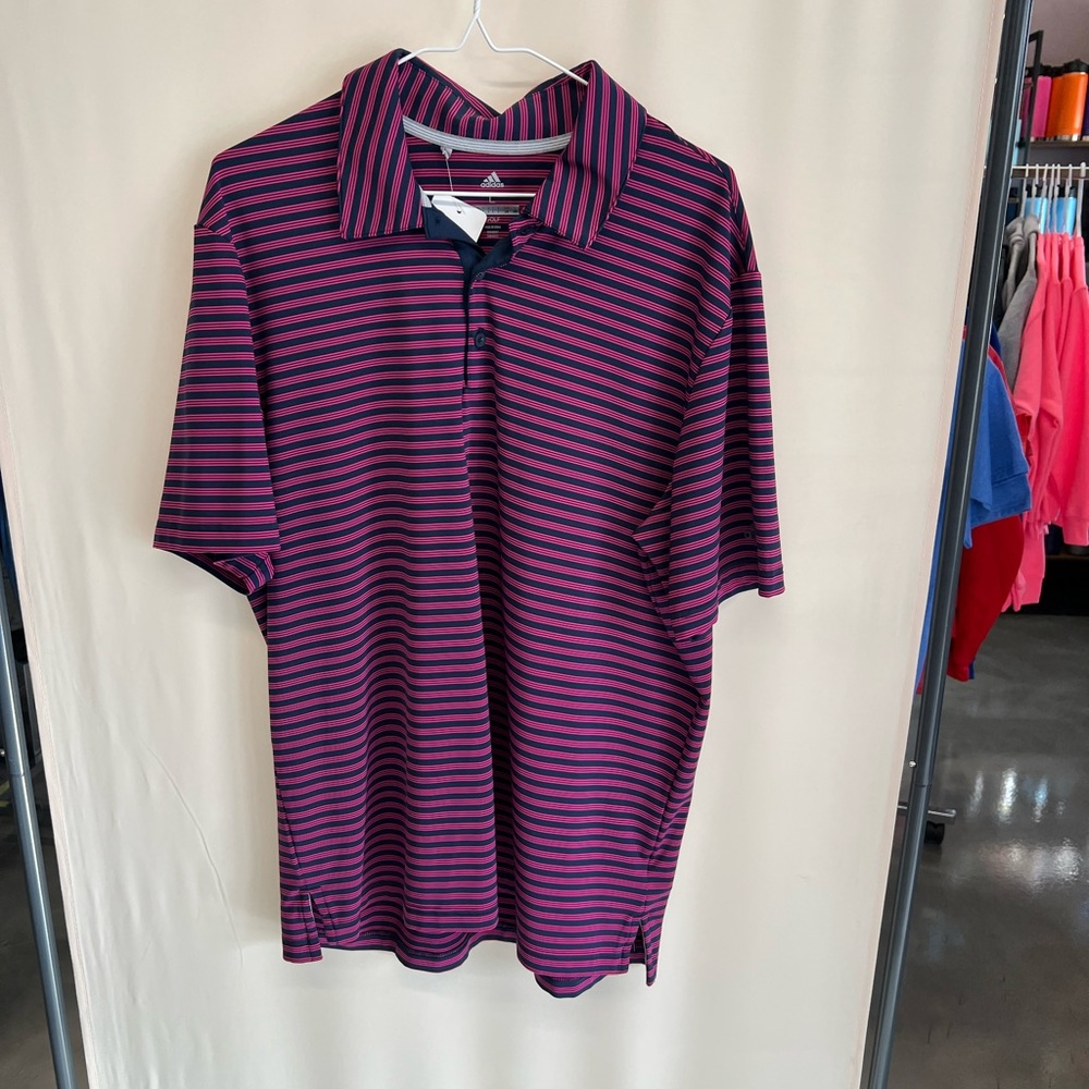 Adidas Men's Striped Polo Shirt - Navy and Pink-ish